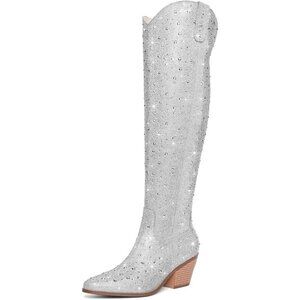 Ronilurn Womens Silver Rhinestone Pointed Toe Cowgirl Boot Pull On Side Zippers